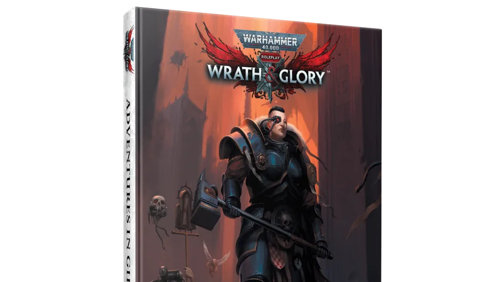 A physical book titled "Adventures in Gilead" for Warhammer 40,000 Roleplay: Wrath & Glory is prominently displayed, featuring a striking cover illustration. The cover depicts a heavily armored character wielding a large hammer, standing in a dark, ominous environment filled with shadowy figures and gothic architecture. The title and logo are clearly visible at the top, with the subtitle "Adventures in Gilead" featured prominently at the bottom.