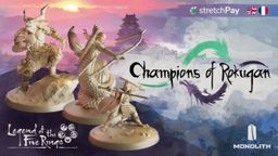 A stylized graphic features the title "Champions of Rokugan" prominently in a bold, artistic font. Below the title, a detailed miniature figure of a samurai is depicted, poised with a weapon, set against a colorful, abstract background that includes shades of blue, pink, and green. The image also includes icons for stretchPay and flags representing the UK and France, along with the Monolith logo in the bottom right corner.