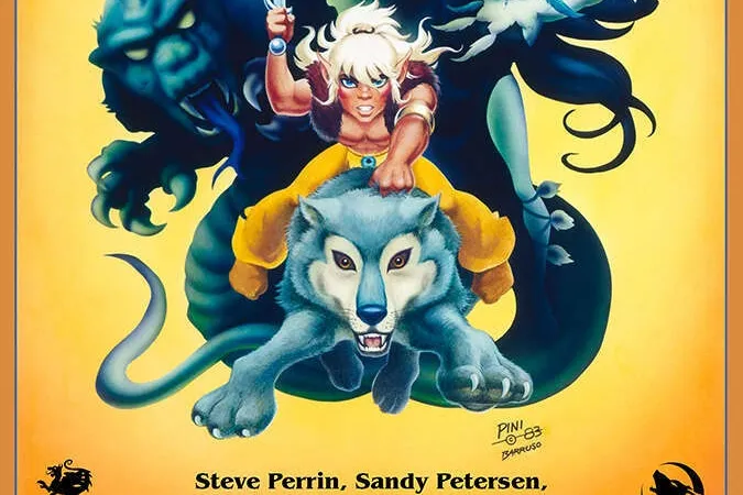 The cover of the ElfQuest roleplaying game box. At the top, the title "ElfQuest" is in large blue stylized letters, with the subtitle "The Official Roleplaying Game" beneath it in smaller black text. In the center, a blonde elf with pointed ears and a yellow outfit holds a dagger, standing on the back of a gray wolf with its mouth open. Behind them, a large blue panther-like creature looms, and a blue-skinned figure with long black hair and a white outfit is partially visible. The background is a gradient of yellow and orange. In the bottom right corner, the text "Pini 83" is visible.