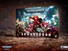 A dynamic box cover for "Warhammer 40,000: Armageddon" features a fierce battle scene between Space Marines and Orks. Prominent in the foreground is a red-armored Space Marine wielding a bolter, while various Ork figures are depicted in aggressive poses. The title "ARMAGEDDON" is displayed boldly at the bottom, accompanied by the tagline "In the grim darkness of the far future there is only war."