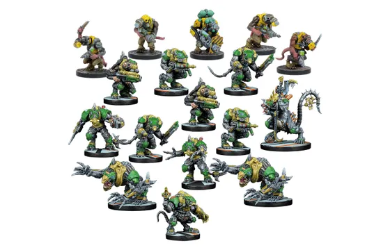 A diverse group of Verr-Myn miniatures is displayed, showcasing various characters from the faction. Prominent figures include heavily armored Stalkers and Runners wielding weapons, alongside smaller Thralls and a formidable Crone Mother with bio-augmented features. The miniatures feature a mix of green and gray colors, with intricate details highlighting their cybernetic enhancements and weaponry, all set against a plain white background.
