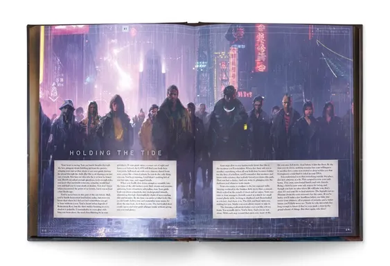 A group of diverse characters stands together in a rain-soaked urban environment, illuminated by neon lights and towering buildings, evoking a dystopian atmosphere reminiscent of Blade Runner. The characters, dressed in a mix of futuristic and gritty attire, appear determined as they face the viewer, suggesting a sense of unity against oppression. The page features text titled 