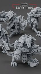 A group of five armored cyberrats is displayed, showcasing intricate details in their design. Each rat is equipped with distinctive rifles, featuring both long and short barrels, and is adorned with various mechanical components and armor plating. The models are presented in a gray, unpainted finish, highlighting their sci-fi aesthetic and the craftsmanship involved in their sculpting.