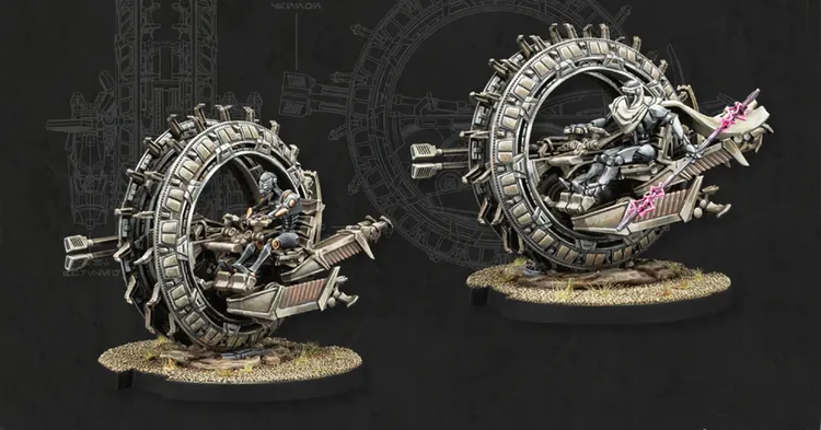 Two detailed miniatures of the TEMU-6 Personal Wheel Bike are displayed against a dark background featuring technical sketches. Each bike has a large, circular wheel with a rugged tread, and is equipped with various weaponry, including a prominent blaster on the front. One bike has a seated droid pilot, while the other features a droid in a more aggressive pose, showcasing the vehicles' sleek and menacing design.