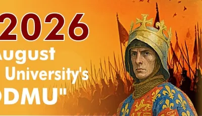 A promotional banner for Britcon 2026 features bold red text announcing the event dates, "7th-9th August," and the location, "Leicester DeMontfort University's 'The Venue@DMU'." The background includes an illustration of a historical figure in regal attire, wearing a crown, set against a dramatic scene with silhouettes of warriors and a fiery sky. The overall design emphasizes the historical theme of the wargaming convention.