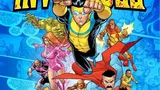 Superheroes in action with "INVINCIBLE" in bold yellow letters above.