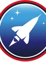 A white rocket ship ascending diagonally against a blue gradient background with three white stars. Red and black circular border.