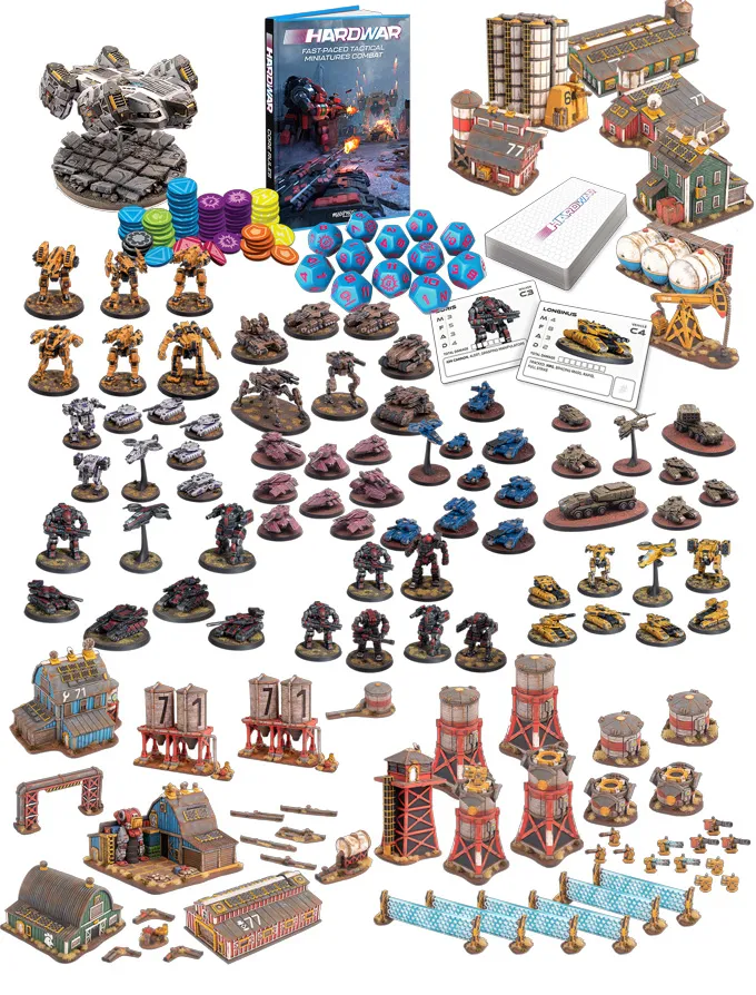 A diverse array of miniatures and game components for the tabletop wargame "Hardwar" is displayed. The collection includes various mechs, tanks, and vehicles in 6mm scale, alongside infantry figures and detailed buildings such as power stations and farms. Game elements like tokens, dice, and cards are also present, all set against a backdrop of vibrant colors and distinct designs that reflect the unique aesthetics of the different factions.