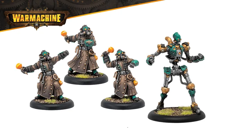 A group of five alchemists from the Crucible Guard stands in dynamic poses, each wearing long brown coats with various mechanical details and gas masks. They hold alchemical devices, some with orange spheres, while their bases are adorned with tufts of green grass. The figures are detailed with teal accents and various gears, emphasizing their role as combat alchemists in the Warmachine universe.