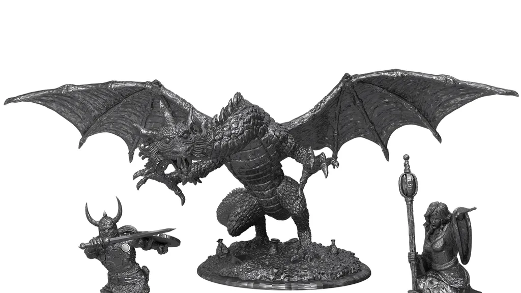 Gray metal miniatures: dragon, warrior, mage, thief on bases.