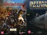 The image features two board game covers side by side. On the left, "Purgatorio: Battles of the Guelphs and Ghibellines 1176-1325" showcases a dramatic scene with armored knights engaged in battle, set against a backdrop of a medieval castle and a cloudy sky. On the right, "Infernal Machine: Dawn of Submarine Warfare" presents a dark underwater scene featuring a submarine, with faint light illuminating the water and hints of a shipwreck in the background. Both covers highlight the historical themes of their respective games.