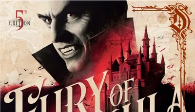 The cover of "Fury of Dracula: 5th Edition" features a dramatic illustration of Dracula, depicted with a sinister expression and sharp features, set against a backdrop of a dark, gothic castle. The title "FURY OF DRACULA" is prominently displayed in bold, stylized lettering, with the subtitle "A Game of Deduction & Gothic Horror" beneath it. The design incorporates elements like a map of Europe and a horse-drawn carriage, enhancing the game's Victorian theme.