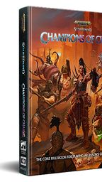 A 3D-rendered image of the "Champions of Chaos" rulebook, prominently displaying its cover art. The cover features a dynamic scene with various Chaos warriors, including a mix of armored figures and monstrous beings, set against a fiery, chaotic background. The title "Champions of Chaos" is boldly displayed at the top, with the subtitle indicating it is the core rulebook for playing Archons' Chosen of Chaos.