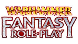 The logo for "Warhammer Fantasy Roleplay" features bold, stylized text with "Warhammer" in gold and "Fantasy Roleplay" in a combination of red and silver. The letters are designed with a dynamic, eye-catching flair, emphasizing the fantasy theme. The overall design conveys a sense of adventure and excitement, fitting for a tabletop role-playing game.