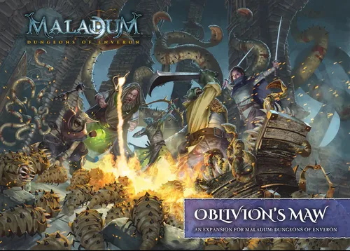 A dynamic scene from the fantasy dungeon crawler Maladum: Oblivion's Maw features several adventurers engaged in battle against a monstrous threat. The characters, including a warrior wielding a sword and a spellcaster casting magic, are surrounded by grotesque, writhing creatures and a fiery backdrop. The title "OBLIVION'S MAW" is prominently displayed at the bottom, indicating this is an expansion for the game.