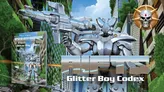 Large silver robot with mechanical limbs and exposed gears, standing outdoors near a building with greenery. Text reads: "Glitter Boy Comes".