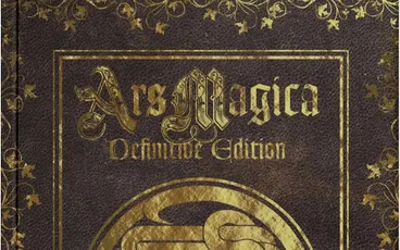 Gold circular Celtic knot design on dark leather-textured background with ornate borders. Text: "Ars Magica Definitive Edition".