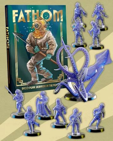 Fathom game box, diver in suit, octopus model, and miniatures.