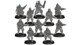 A collection of ten detailed miniatures stands on black bases, depicting spiky, renegade guardsmen from a grimdark sci-fi setting. Each figure is armed with various weapons, including rifles and a chainsaw, showcasing dynamic poses and distinctive armor adorned with spikes. The miniatures vary in stance and weaponry, emphasizing their roles as command, veterans, and grunts within the unit.