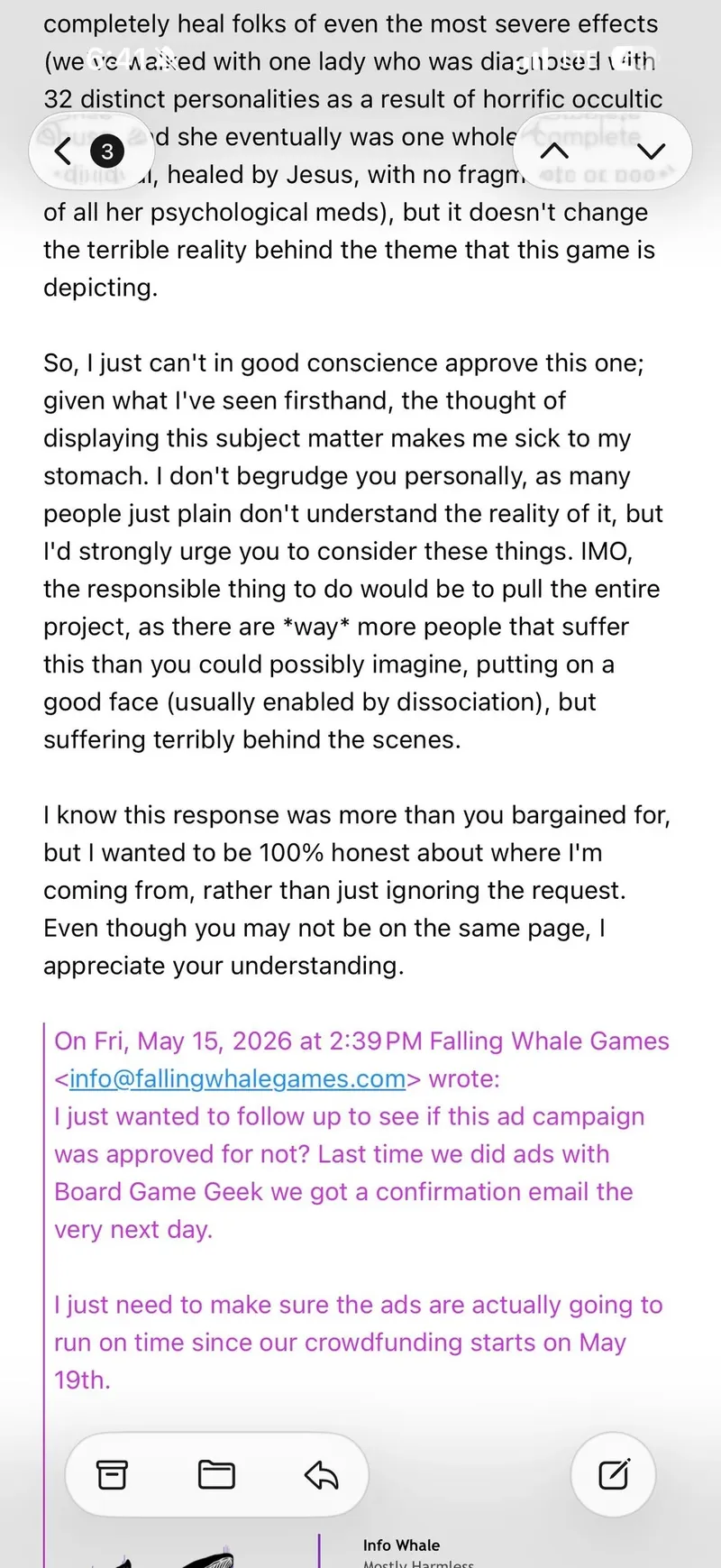 A detailed email exchange reveals a controversy involving BoardGameGeek's Advertising Manager, Chad Krizan, who was dismissed after refusing an advertisement from Falling Whale Games for their game "Possess Me, Satan." Krizan's refusal was based on his personal beliefs regarding the game's themes, which he deemed inappropriate and potentially triggering for some users. Following backlash from the gaming community and criticism of his unprofessional response, BoardGameGeek's CEO announced Krizan's termination, stating that his actions did not reflect the company's values.