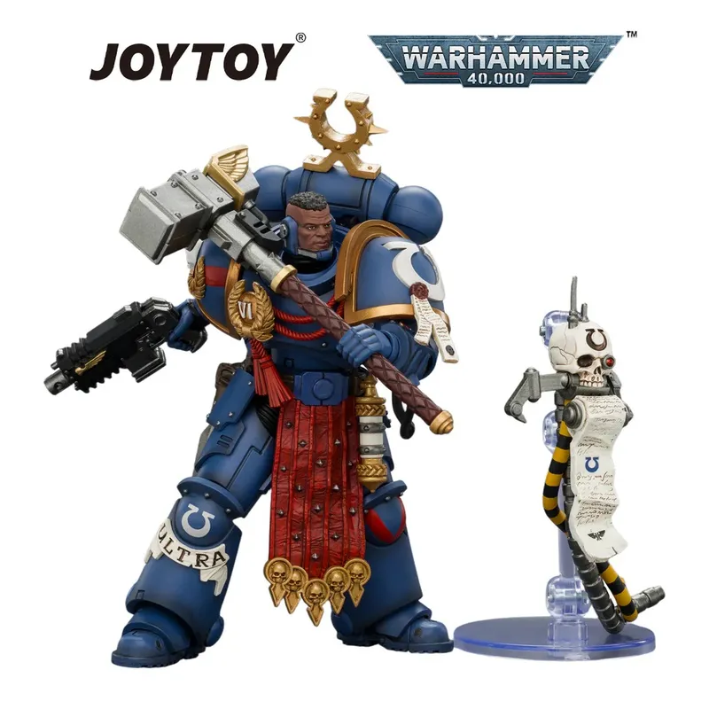Blue armored figure with hammer and shield, smaller robot with scroll, JOYTOY WARHAMMER 40,000 text