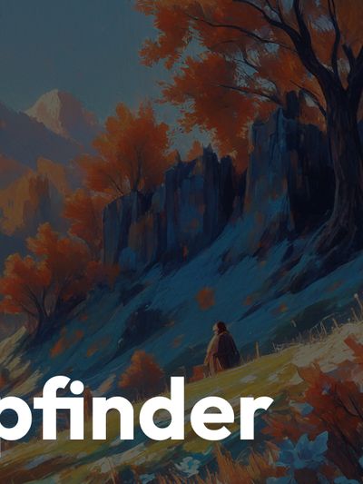 A serene landscape features majestic mountains in the background, adorned with autumn foliage in shades of orange and red. In the foreground, a figure sits on a rocky outcrop, gazing at the scenery, which includes a winding path and patches of snow. The text "KVEST Groupfinder" is prominently displayed at the bottom, emphasizing the platform's focus on connecting tabletop RPG players and game masters.