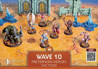 A vibrant tabletop scene features several detailed miniatures from the Preternian Heroes Faction of Masters of the Universe: Battleground. The characters, including a winged figure, a muscular warrior, and a bionic triceratops, are positioned on a hexagonal grid terrain, with a backdrop of stone ruins and crystalline structures. The bottom of the image displays a label reading "WAVE 10 PRETERNIAN HEROES FACTION" along with a QR code for an online manual.