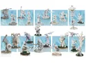 A collection of detailed miniature figures inspired by Ian Miller's illustrations, showcasing a variety of Chaos beastmen and their followers. The miniatures are presented in a range of dynamic poses, featuring intricate armor and weaponry, set against a light blue background. The assortment includes heavily armored knights, monstrous creatures, and anti-heroes, all sculpted in either 28 or 32mm scales.