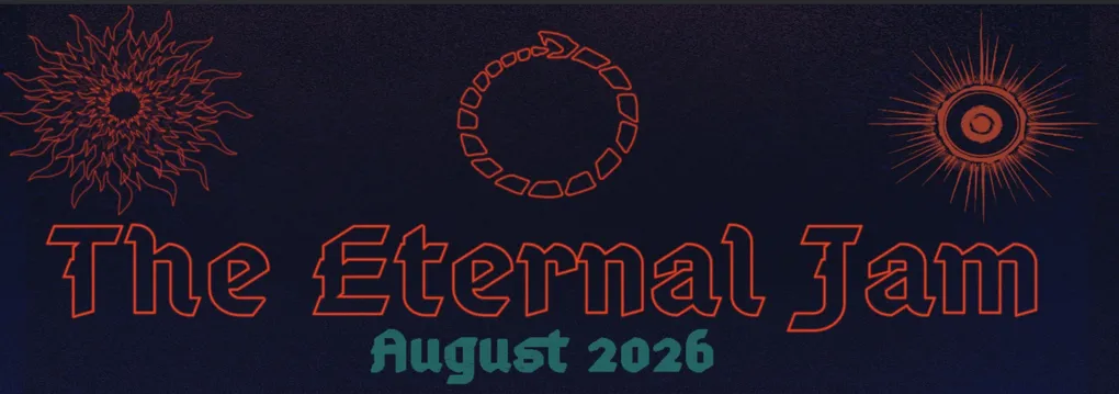 Orange outline of a crown and text "Eternal August 2" on dark background.