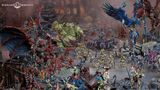 A dynamic scene showcases a variety of Warhammer miniatures representing the forces of Chaos. Prominently featured is a large, green-skinned figure, the Lord of Poxes, wielding a weapon and surrounded by smaller, grotesque Nurgle-themed models. In the foreground, red-armored Khorne warriors and other chaotic entities are depicted, set against a backdrop of ruined structures and a smoky atmosphere, emphasizing the dark and chaotic nature of the 41st millennium.