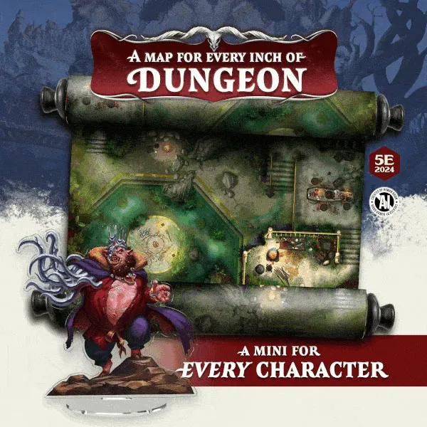 A detailed illustration features a large, intricately designed map scroll depicting a dungeon layout, with various rooms and pathways visible. In the foreground, a colorful miniature character stands, dressed in regal attire with a crown, emphasizing the theme of adventure. The text "A MAP FOR EVERY INCH OF DUNGEON" and "A MINI FOR EVERY CHARACTER" is prominently displayed, along with the 5E logo for 2024.
