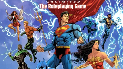 A dynamic illustration features iconic superheroes from the DC Universe, including Superman, Batman, Wonder Woman, and others, posed heroically against a backdrop of swirling lightning. Superman stands prominently in the center, flanked by Wonder Woman and Batman, while additional heroes like Green Lantern and Flash are depicted in action poses around them. The title "Justice League Unlimited: The Roleplaying Game" is displayed at the top, emphasizing the game's focus on teamwork and heroism.