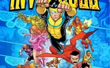 Superheroes in action with "INVINCIBLE" in bold yellow letters above.