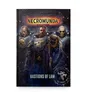 A book titled "Necromunda: Bastions of Law" features a dramatic cover illustration of three heavily armed and armored Palanite Enforcers. The central figure, a captain with a skull emblem on his chest, has a stern expression and an eye patch, flanked by two other Enforcers in similar armor. The background is dark and smoky, with hints of fire and debris, enhancing the imposing presence of the characters.