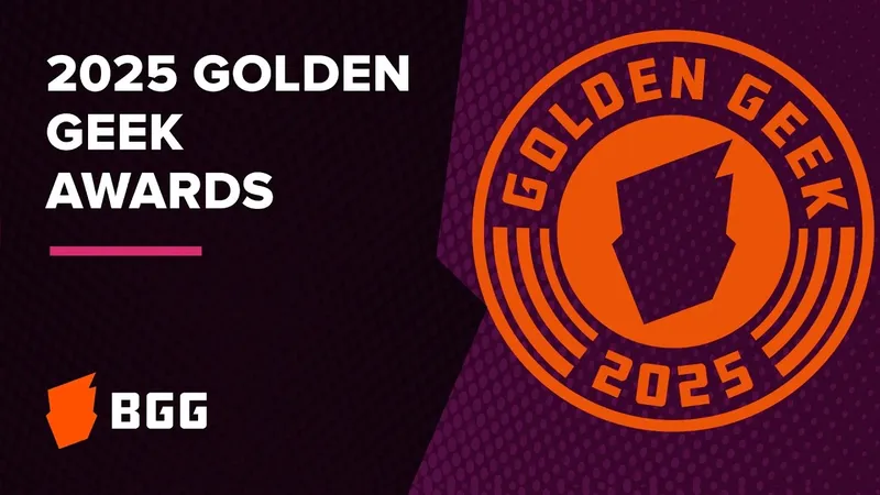 The image features the text "2025 GOLDEN GEEK AWARDS" prominently displayed in bold white letters against a dark purple background. Below the title, a pink horizontal line separates it from the logo of BoardGameGeek (BGG), which is shown in white and orange. The overall design is modern and vibrant, reflecting the excitement of the awards event.