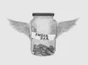 Glass jar with wings, labeled "SWEAR JAR" containing buttons.