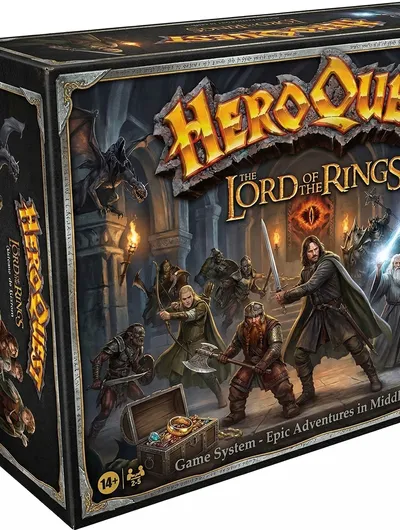 A box for "HeroQuest: The Lord of the Rings" features a dynamic illustration on the front, showcasing iconic characters from the series, including Aragorn, Legolas, and Gandalf, set against a dark, stone dungeon backdrop. The title is prominently displayed at the top, with the One Ring symbol glowing in the center. The box also includes a treasure chest filled with gold coins and jewels, hinting at the adventures within.