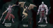 A Twillid character, resembling a humanoid with bat-like wings and a mischievous expression, is positioned on the left, holding a small object. On the right, a muscular Fleshcraft character stands confidently, showcasing a pale, muscular physique with a prominent heart symbol on his chest, wielding a large weapon. Both characters are set against a dark, textured background, with their names and the label "NEW RACE" displayed beneath them.