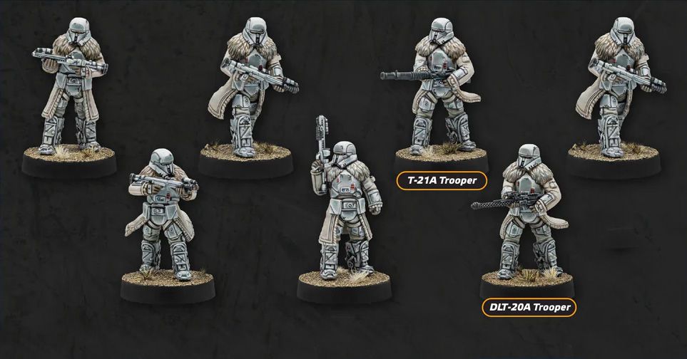 A group of six miniatures representing Imperial Range Troopers, each dressed in white and gray winter gear, stands against a dark background. The troopers are equipped with various weapons, including rifles and blasters, and feature distinctive fur-lined capes. Labels identify two of the troopers as 