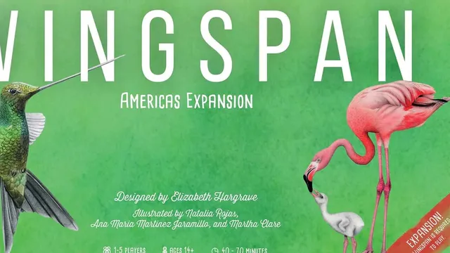 A vibrant green background features the title "WINGS PAN" prominently at the top, with "Americas Expansion" below it. To the right, a pink flamingo is depicted interacting with a smaller bird, while a long, slender bird with a dark feathered wing is shown on the left. The design credits are listed at the bottom, highlighting the creators and illustrators involved in the expansion.