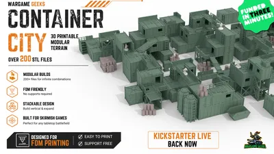 3D-rendered tabletop terrain set labeled "CONTAINER CITY." The scene depicts a modular sci-fi industrial complex composed of multiple green shipping container-style buildings of varying sizes. Some containers have open doors, windows, or ladders attached. Several containers are stacked or arranged to form multi-level structures with connecting walkways and platforms.

In the foreground, there are crates, barrels, and cylindrical containers grouped together. Some crates are wrapped in netting. A few small figures resembling miniature people are positioned near buildings and walkways. The terrain is set on a flat, white base representing a snowy or icy surface.

Visible text in the image includes:
- "CONTAINER CITY"
- "EASY TO PRINT"
- "SUPPORT FREE"
- "KICKSTARTER LIVE BACK NOW"