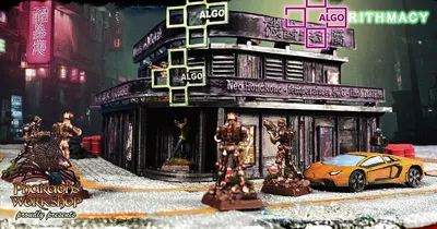 A cyberpunk building with "ALGO" signs, neon Chinese characters, and miniatures outside.