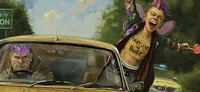 Yellow car with a person wearing a "FAIRYLAND OR BUST" vest.