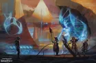 Four figures in a desert with glowing blue energy and large pyramids in the background.