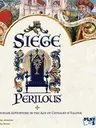 A decorative illustration featuring the text "Siege Perilous" in large, ornate lettering at the center. Above the text, there is a crown with intricate scrollwork. Below the text, there is an illustrated throne with a chalice on the seat, surrounded by elaborate gold and blue designs. On either side of the central text, there are two figures: on the left, a knight in armor holding a shield with the partially visible text "RUBEO DRACO" and on the right, a bearded man in a red and gold hat holding a scroll with the partially visible text "VIRTUTIS ATQUE LARGITATIS". In the background, there are illustrations of castles and trees. At the bottom, the text reads "ARTHURIAN ADVENTURE IN THE AGE OF CHIVALRY & VALOUR". The names Brian Saliba, Jay Johnstone, Ivan Alexiev, and Jay Musen are listed, along with the Play to Z logo.