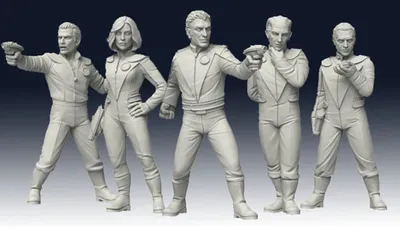 Five sci-fi miniatures are displayed, representing Galactic Explorers. Each figure is in a dynamic pose, with two holding futuristic weapons and the others in various stances suggesting action or readiness. The miniatures are detailed, featuring sleek, form-fitting suits and distinct hairstyles, all rendered in a light gray color that highlights their features. The background is a gradient from dark to light, emphasizing the figures.