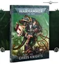 A detailed cover of the "Codex: Chaos Knights" for Warhammer 40,000 features a large, imposing Chaos Knight with intricate designs, including spikes and tentacle-like appendages. The background is a vibrant green with abstract patterns, enhancing the chaotic theme. The title "WARHAMMER 40,000" is prominently displayed at the top, with "CODEX: CHAOS KNIGHTS" at the bottom, emphasizing the focus on the new Chaos Knight models.