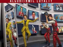 PARANOIA ALGORITHMIC LOYALTY, people in yellow and red suits, screens with faces, selfie stick.
