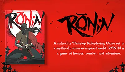 A striking image features the cover of the tabletop roleplaying game Rōnin, set against a bold red background. The artwork depicts a samurai character in a dynamic pose, wielding a sword, with a stylized logo of the game prominently displayed above. Below the character, descriptive text highlights that Rōnin is a rules-lite tabletop RPG focused on mythical, samurai-inspired themes of honor and combat.