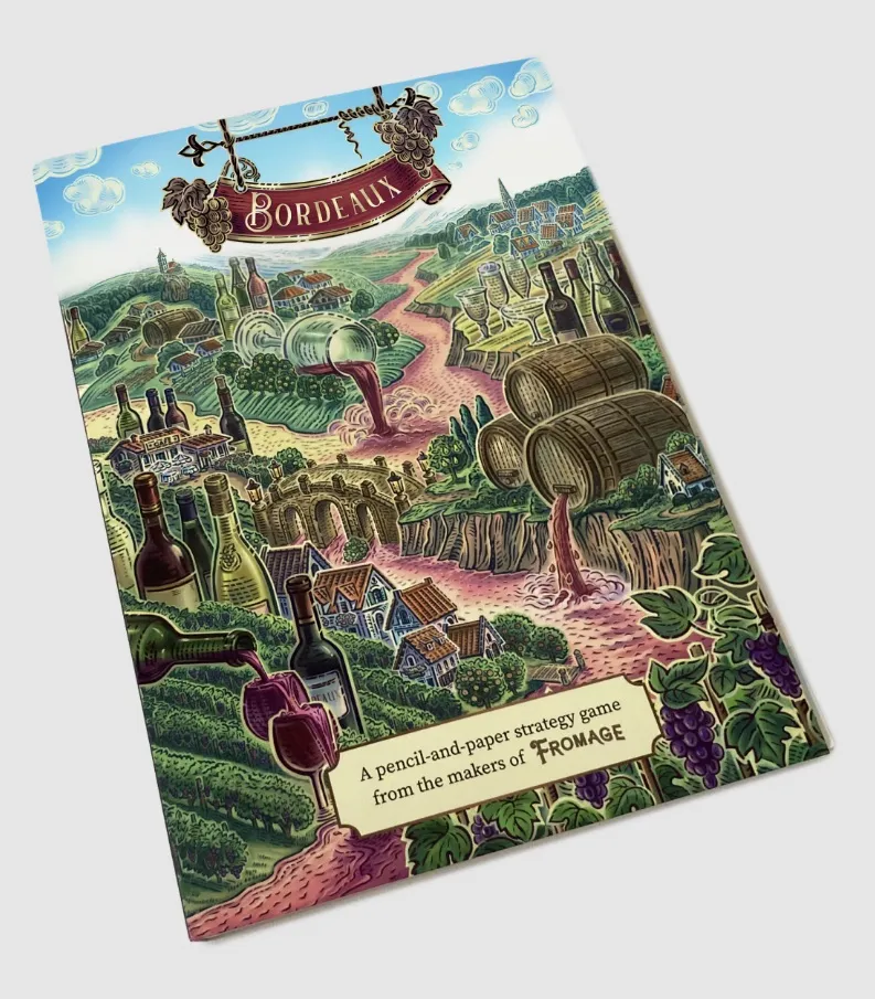 A stylized illustration of a wine-making landscape with rolling green hills, vineyards, and small houses. A winding river flows through the scene, with red liquid resembling wine pouring from barrels and bottles into glasses. Bottles of wine, barrels, and grape clusters are scattered throughout. A banner at the top reads "Bordeaux." At the bottom, there is a text box that reads: "A pencil-and-paper strategy game from the makers of Fromage."